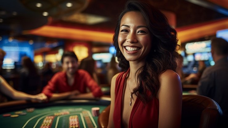 Meja judi blackjack dengan dealer dan beberapa pemain sedang berdiskusi